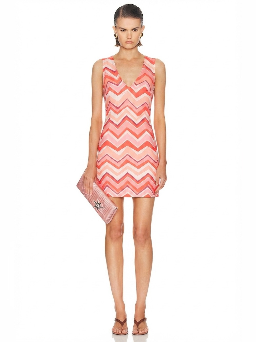 New Missoni Coral and Pink Chevron V-Neck Mini Dress